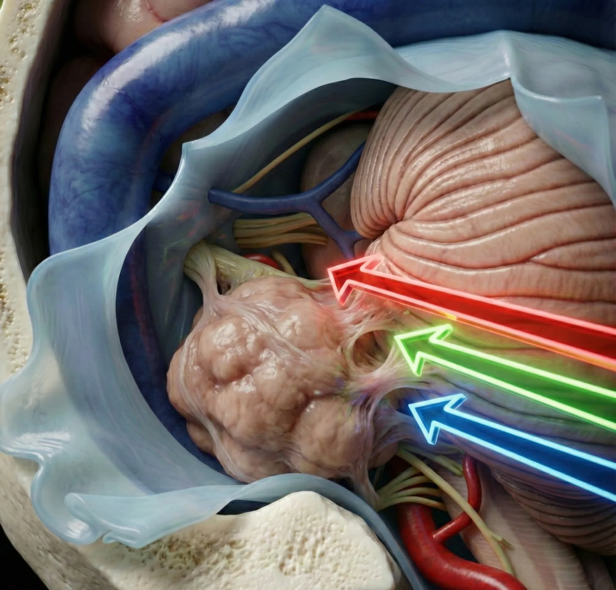 Schwannoma vestibular no ângulo pontocerebelar com os corredores cirúrgicos de acesso ao tumor.