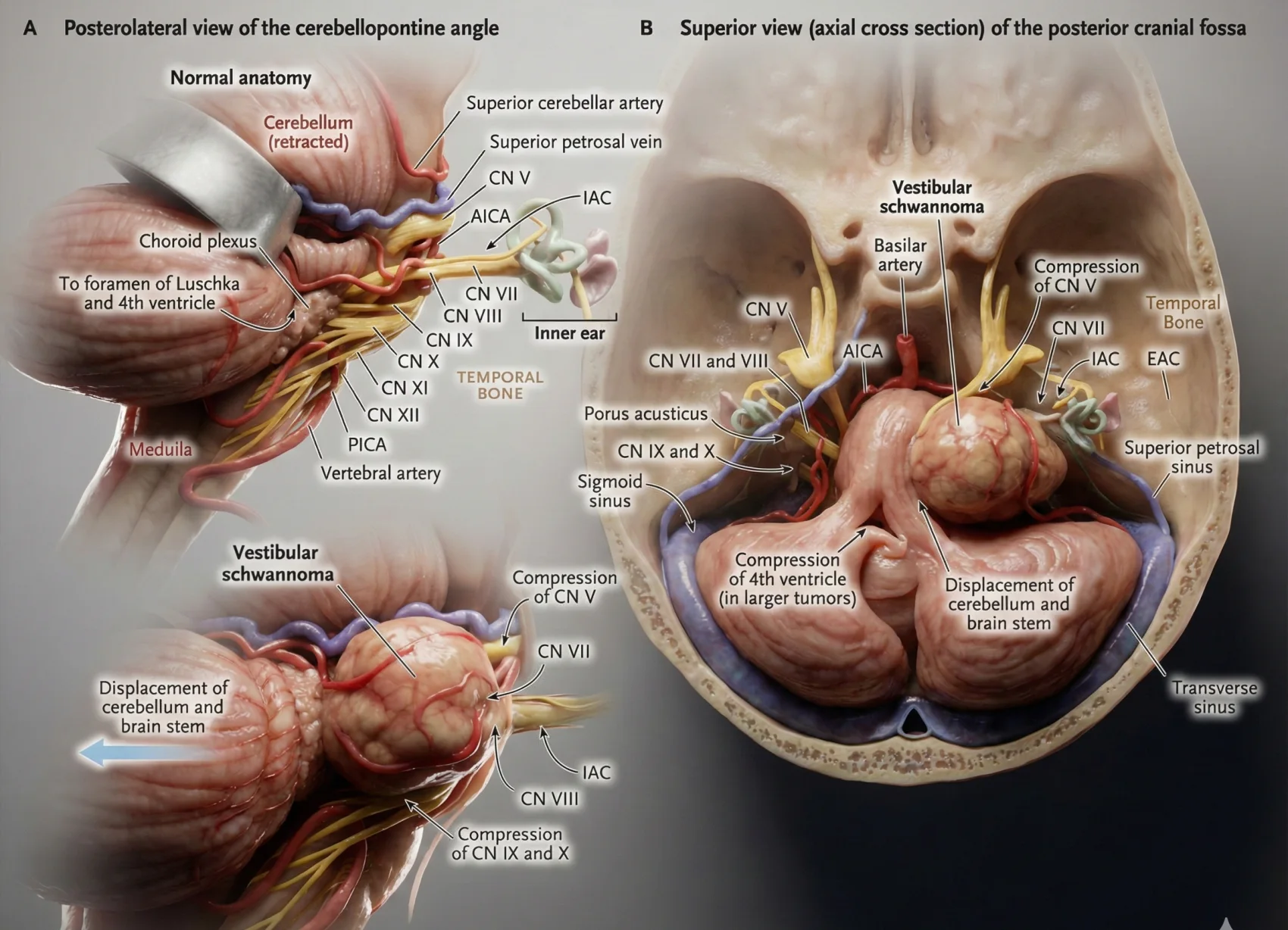 Anatomia do ângulo pontocerebelar: situação normal e com schwannoma vestibular comprimindo estruturas vizinhas.
